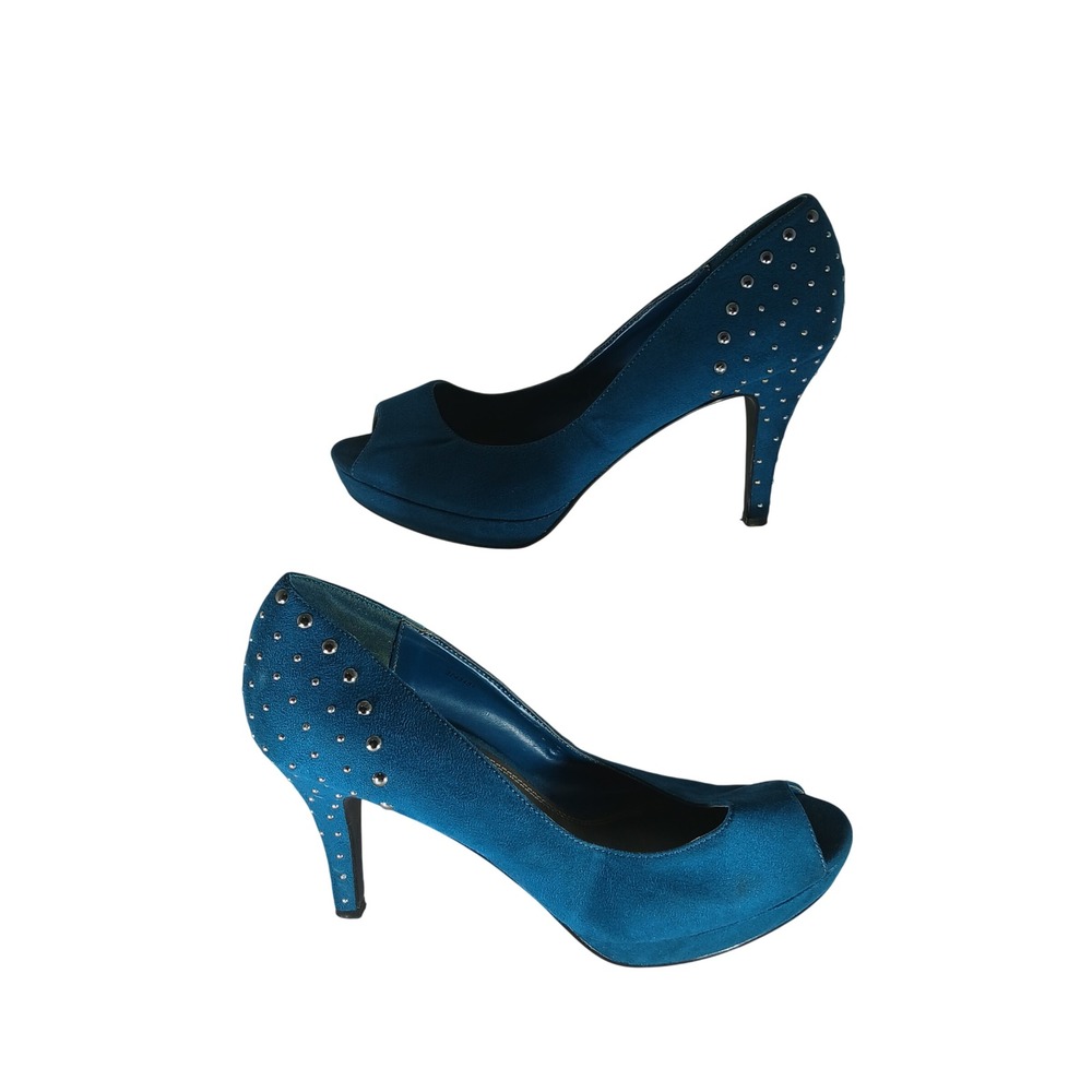 Impo Teja Peep Toe Platform Pumps 9M Teal Blue Studded Heel Glam Night Out
